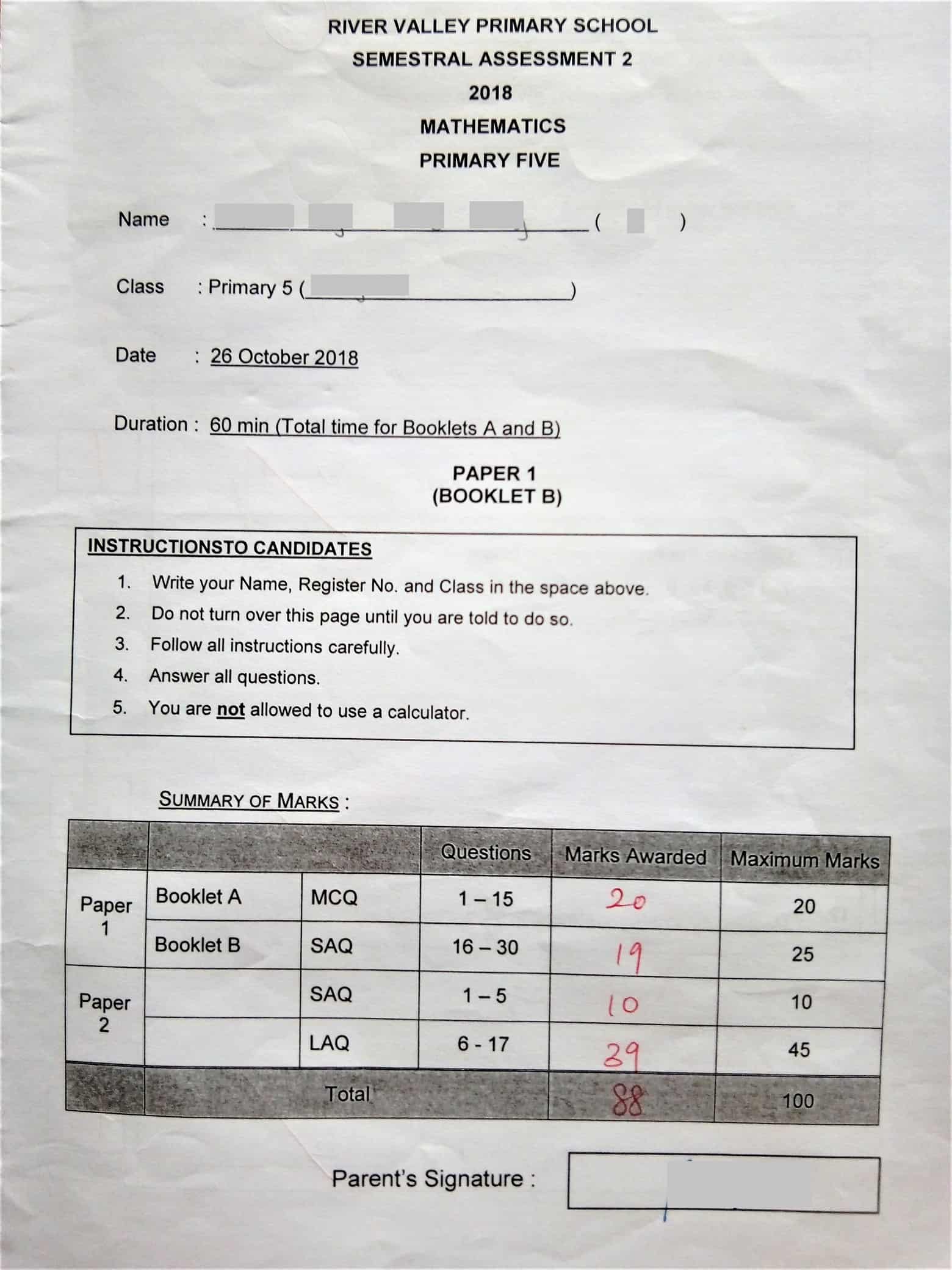 River Valley Primary School Semestral Assessment 2 2018 Mathematics Primary Five 88/100 with private tuition